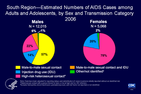 Slide 16: South Region—Estimated Numbers of AIDS Cases among Adults and Adolescents, by Sex and Transmission Category 2006
                                        
In 2006, more than half (57%) of the estimated AIDS cases diagnosed among males in the South were attributed to male-to-male sexual contact.

More than three-fourths (78%) of the estimated AIDS cases diagnosed among females were attributed to high-risk heterosexual contact.

The data have been adjusted for reporting delays and missing risk-factor information.

The states in the South are Alabama, Arkansas, Delaware, District of Columbia, Florida, Georgia, Kentucky, Louisiana, Maryland, Mississippi, North Carolina, Oklahoma, South Carolina, Tennessee, Texas, Virginia, and West Virginia.