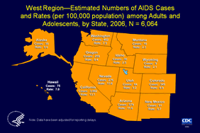 Slide 18: West Region—Estimated Numbers of AIDS Cases and Rates (per 100,000 population) among Adults and Adolescents, by State, 2006, N = 6,064

In the West, AIDS was diagnosed for more males than females:  6.0 males for every female.

Of males in this region who were given a diagnosis of AIDS during 2006, most were whites, followed by Hispanics, blacks, Asians/Pacific Islanders, and American Indians/Alaska Natives. 

Of females in this region who were given a diagnosis of AIDS during 2006, most were blacks, followed by Hispanics, whites, Asians/Pacific Islanders, and American Indians/Alaska Natives.

The data have been adjusted for reporting delays.

The states in the West are Alaska, Arizona, California, Colorado, Hawaii, Idaho, Montana, Nevada, New Mexico, Oregon, Utah, Washington, and Wyoming.