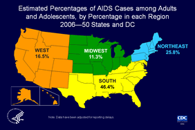 Slide 2: Estimated Percentages of AIDS Cases among Adults and Adolescents, by Percentage in each Region 2006—50 States and DC
                                        
The South had the highest percentage of estimated AIDS cases diagnosed in 2006, followed by the Northeast, West, and Midwest.

The data have been adjusted for reporting delays.

The Census Bureau divides the United States into four regions:  
Northeast: Connecticut, Maine, Massachusetts, New Hampshire, New Jersey, New York, Pennsylvania, Rhode Island, Vermont 
South: Alabama, Arkansas, Delaware, District of Columbia, Florida, Georgia, Kentucky, Louisiana, Maryland, Mississippi, North Carolina, Oklahoma, South Carolina, Tennessee, Texas, Virginia, West Virginia
Midwest: Illinois, Indiana, Iowa, Kansas, Michigan, Minnesota, Missouri, Nebraska, North Dakota, Ohio, South Dakota, Wisconsin
West: Alaska, Arizona, California, Colorado, Hawaii, Idaho, Montana, Nevada, New Mexico, Oregon, Utah, Washington, Wyoming
