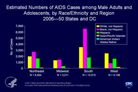 Slide 25: Estimated Numbers of AIDS Cases among Male Adults and Adolescents, by Race/Ethnicity and Region 2006—50 States and DC

In 2006, among males in the Northeast, the Midwest, and the South, more estimated cases of AIDS were diagnosed among blacks, followed by whites, Hispanics, Asians/Pacific Islanders, and American Indians/Alaska Natives. In the West more estimated cases of AIDS were diagnosed among whites, followed by Hispanics, blacks, Asians/Pacific Islanders, and American Indians/Alaska Natives.  

The data have been adjusted for reporting delays.

The Census Bureau divides the United States into four regions:  
Northeast: Connecticut, Maine, Massachusetts, New Hampshire, New Jersey, New York, Pennsylvania, Rhode Island, Vermont 
South Alabama, Arkansas, Delaware, District of Columbia, Florida, Georgia, Kentucky, Louisiana, Maryland, Mississippi, North Carolina, Oklahoma, South Carolina, Tennessee, Texas, Virginia, West Virginia
Midwest: Illinois, Indiana, Iowa, Kansas, Michigan, Minnesota, Missouri, Nebraska, North Dakota, Ohio, South Dakota, Wisconsin
West: Alaska, Arizona, California, Colorado, Hawaii, Idaho, Montana, Nevada, New Mexico, Oregon, Utah, Washington, Wyoming.
