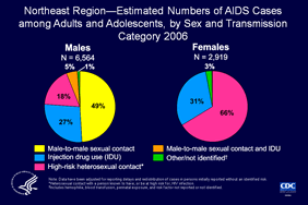 Slide 8: Northeast Region—Estimated Numbers of AIDS Cases among Adults and Adolescents, by Sex and Transmission Category 2006

In 2006, almost half (49%) of the estimated AIDS cases diagnosed among males in the Northeast were attributed to male-to-male sexual contact.

Approximately two-thirds (66%) of the estimated AIDS cases diagnosed among females were attributed to high-risk heterosexual contact.

The data have been adjusted for reporting delays and missing risk-factor information.

The states in the Northeast are Connecticut, Maine, Massachusetts, New Hampshire, New Jersey, New York, Pennsylvania, Rhode Island, and Vermont.