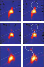 For each row, the RHESSI image is shown on the left and the same image is shown on the right with an inference of the magnetic geometry.