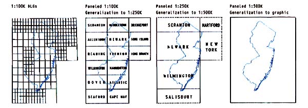 Sections of different scale maps in black and white.