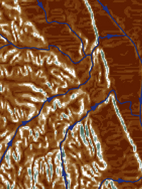 A color map of slopes in relief with an overlay of colored lines.