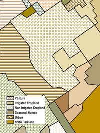 A map with colored shapes representing land use.