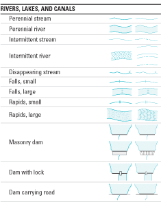 Rivers, lakes, and canals symbols, part 1.