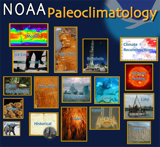 Paleoclimatology collage. Images representing paleoclimate proxy data sources. Click image to obtain data.