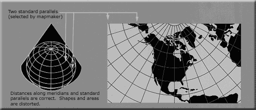 A diagram of Equidistant Conic projection on a  flat map in relation  to the globe.