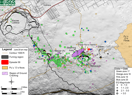 Map of Pu`u `Ō `ō Episode 56 (with seismicity), June 20, 2007