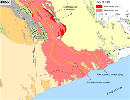 Map showing the July 21, 2007 eruption flow field. The Thanksgiving Eve Breakout (TEB) flow is currently active and is that portion of the July 21, 2007 eruption flow field that extends south from the TEB vent to the ocean. Light red is the area of the flow as of July 1, 2009, while the bright red shows the flow field expansion that occurred between July 1 and July 16.