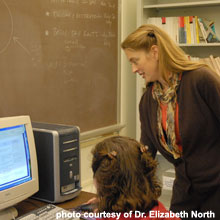 Dr. Elizabeth North, University of Maryland, discusses modeling advances with graduate student Maggie Sexton