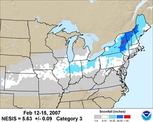 NOAA satellite image of Category 3 winter storm that struck the Northeast and mid-Atlantic regions Feb. 12-15, 2007.