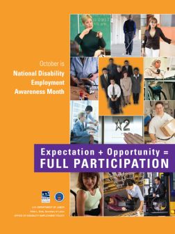 A collage of images of people with a variety of disabilities representing men and women of diverse backgrounds in various work settings.
