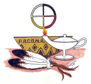 drawing of a straw PACONA basket with lamp, Indian Medicine circle and feathers