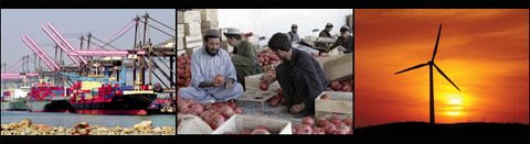 Date: 01/27/2009 Description: Photo montage, left to right: Ships unloading at post Afghan laborers pack pomegranates into boxes at a factory in Kandahar, Afghanistan Windmills [AP Images] © AP Photo