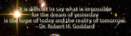 Quote from Dr. Robert Goddard set against the background of an image from Hubble