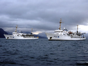 Crews on board NOAA ships Fairweather and Rainier are working together this August to survey Alaska's Kachemak Bay.