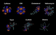 Molecules labeled Caffeine, C60, Cholesterol, Valinomycin, Taxol, CLN025, and Olestra