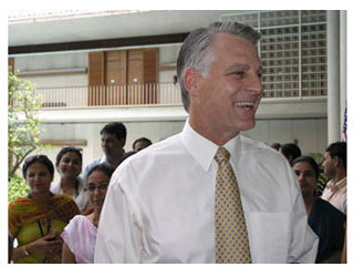 Ambassador-Designate Timothy J. Roemer greets embassy staff, July 27, 2009.