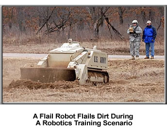 Flail Robot Flings Dirt During A Robotics Training Scenario.  
