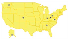 map of United States with NIOSH locations highlighted