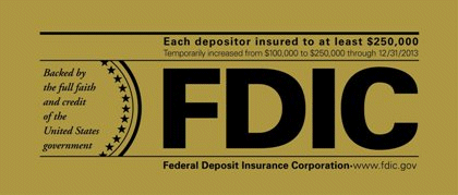 FDIC sign: Each depositor insured to at least $100,000 - FDIC Federal Deposit Insurance Corporation