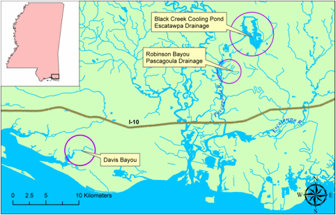 Figure 1. Locations of Nile tilapia populations in Mississippi based upon Peterson and others (2005). Fish for this study were collected from Robinson Bayou.