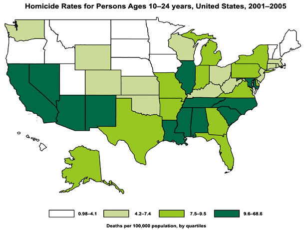 USA map showing Homicide Rates for Persons Ages 10-24