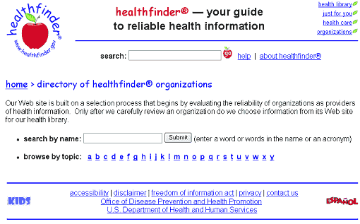 Figure 6: Screen capture of www.healthfinder.gov/organizations