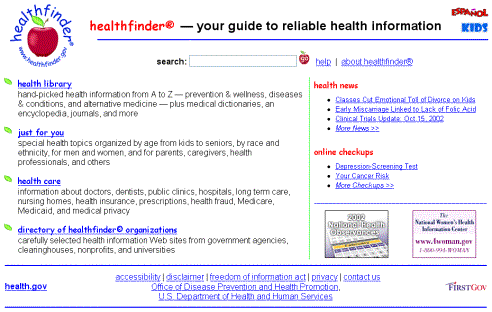 Figure 2: Screen capture of 
			www.healthfinder.gov as of September 2002. This version was shown to our interviewees.