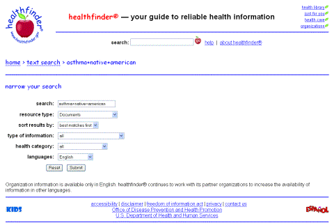 Figure 5: Screen capture of what users saw when they selected the “narrow your search” link while using the text search.