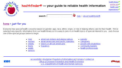 Figure 8: Screen capture of http://www.healthfinder.gov/justforyou.