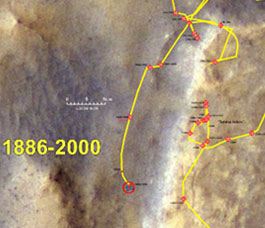 This image shows Spirit's traverse map through sol 2000