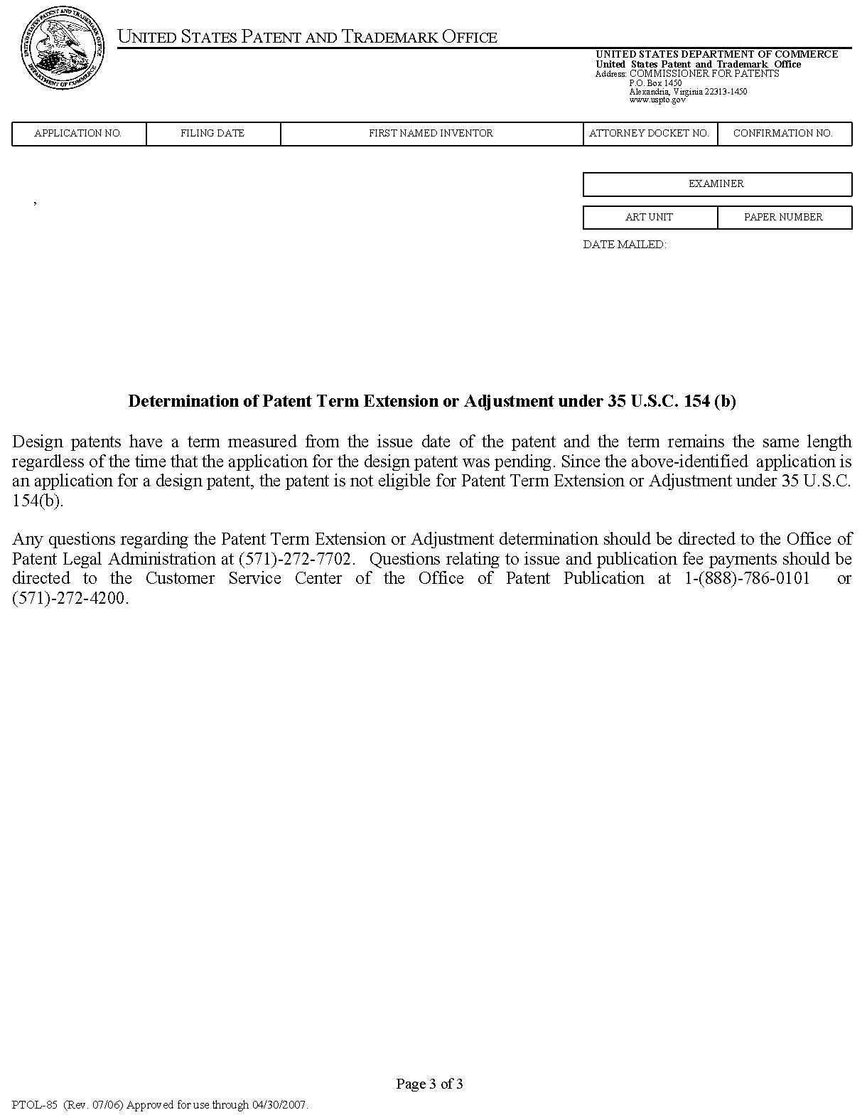 determination of patent term extension or adjustment under 35 u.s.c. 154 (b)