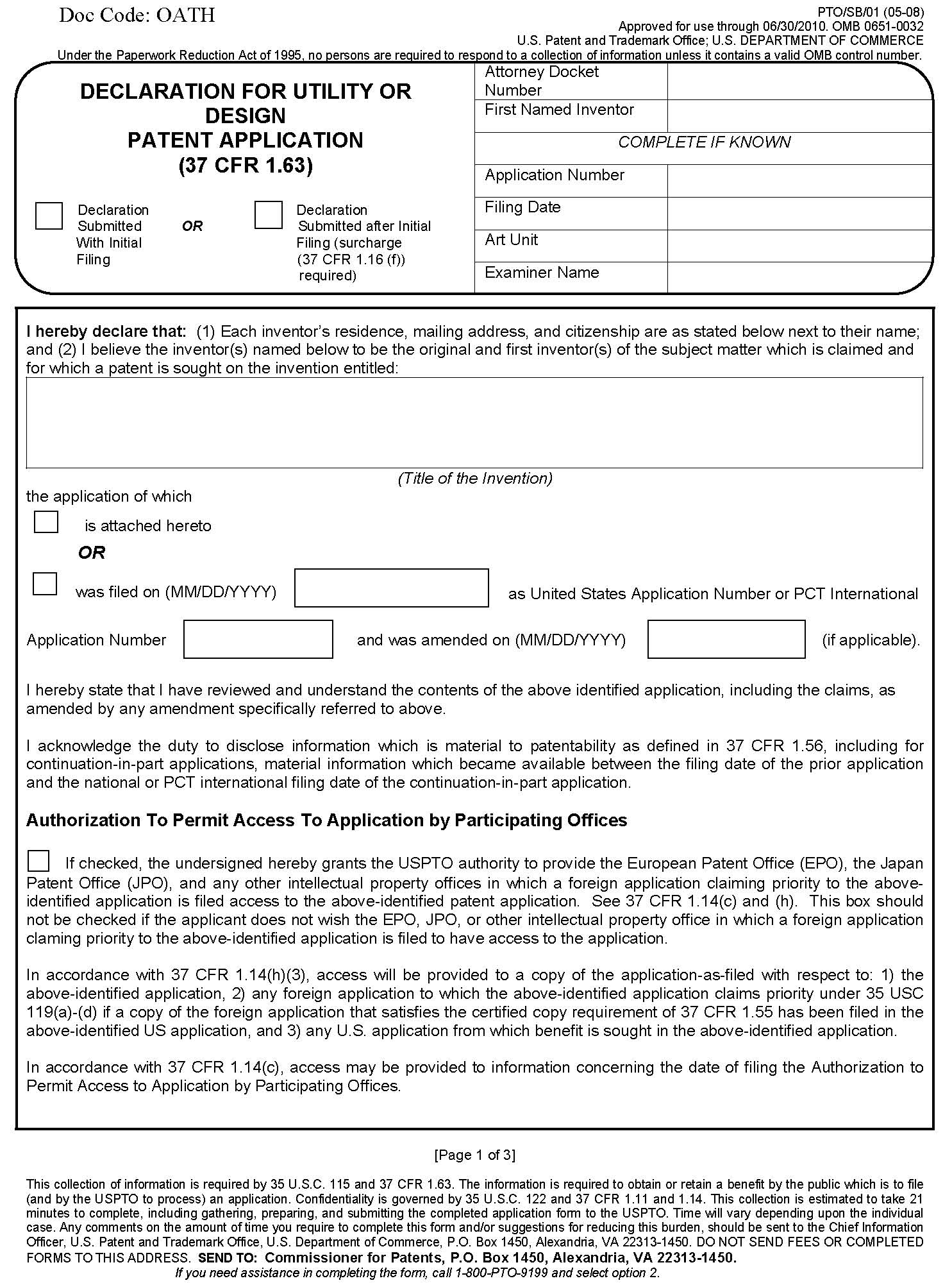 form pto/sb/61 privacy act statement