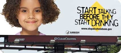 PSA showing face of young girl with message, “Start Talking Before They Start Drinking” - click to view PSAs