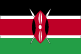 Flag of Kenya is three equal horizontal bands of black (top), red, and green; the red band is edged in white; a large warrior's shield covering crossed spears is superimposed at the center.
