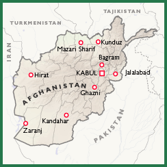 Map showing Afghanistan and its capital, Kabul, along with selected surrounding countries (Pakistan, Tajikstan, Turkmenistan, Iran) and selected cities (Herat, Mazar-el-Sharif, Kondoz, Bagram, Jalalabad, Ghazni, Kandahar, Zaranj)