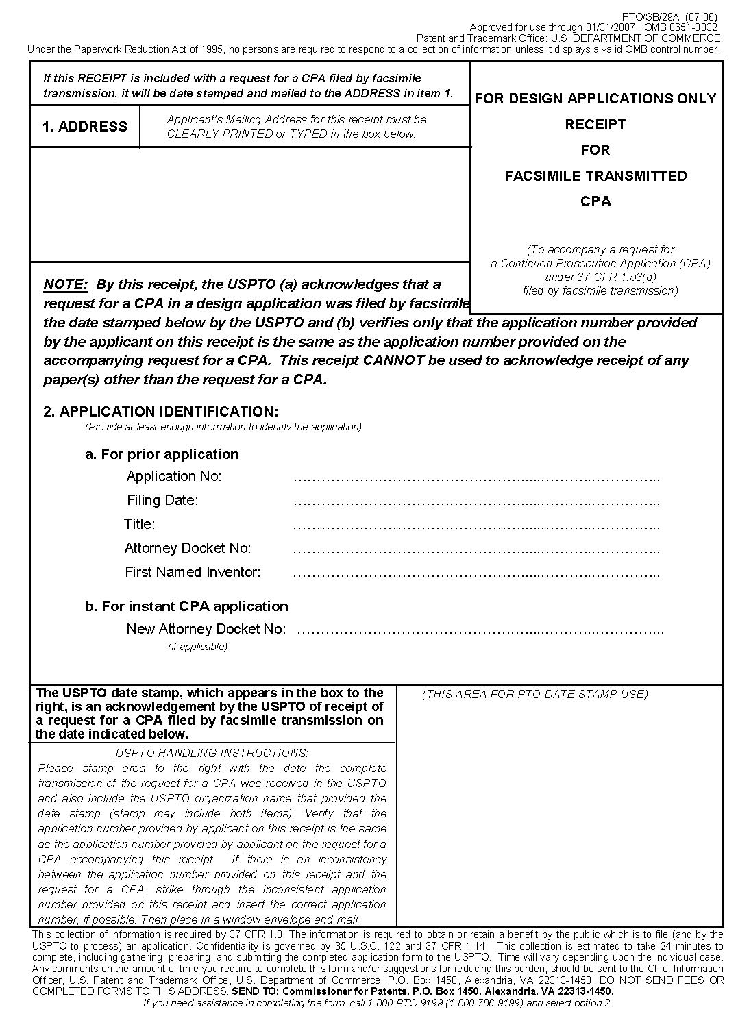 form pto/sb/29a. receipt for facsimile transmitted cpa