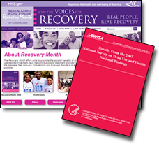Recovery Month Web Site Homepage Screenshot and Front Cover of 'Results From the 2007 National Survey on Drug Use and Health: National Findings' PDF