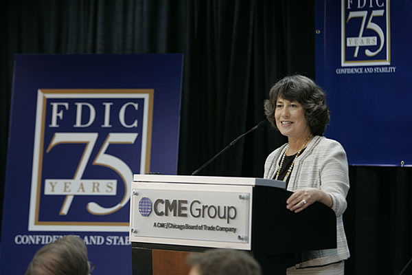 Chairman Sheila Bair addresses guests at CME Group in Chicago.