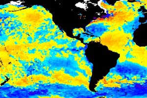 NOAA satellite image of sea surface temperatures in the Equatorial Pacific Ocean taken Feb. 22, 2005.