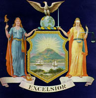 New York State coat of arms, motto: Excelsior