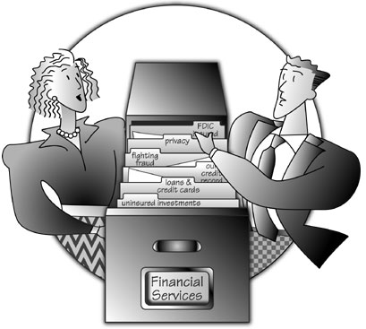 Illustration of a woman and a man looking through an open filing cabinet which is labeled "Financial Services".