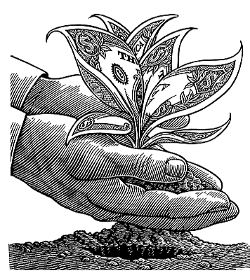 Illustration of hands pulling up a plant of money from the ground.