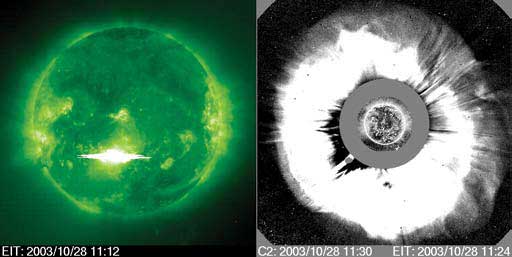 In 2003, this flare, left, is followed immediately by an enormous interplanetary blast wave, right, called coronal mass ejection or CME that propagates rapidly away from the sun towards Earth.