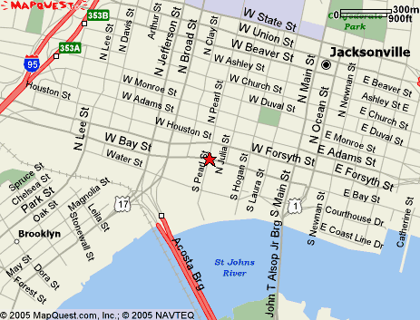 [Map: Jacksonville showing the location of the HUD office on West Bay St, near the intersection of S. Pearl St.
]
