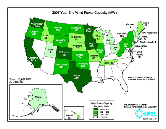 This map shows the installed wind capacity in megawatts.  As of December 31, 2007, 16,907 MW have been installed. Alaska, 2 MW; Hawaii, 63 MW; Washington, 1163 MW; Oregon, 885 MW; California, 2439 MW; Idaho, 75 MW; Utah, 1 MW; Montana, 153 MW; Wyoming, 288 MW; Colorado, 1067 MW; New Mexico, 496 MW; North Dakota, 345 MW; South Dakota, 98 MW; Nebraska, 72 MW; Kansas, 364 MW; Oklahoma, 689 MW; Texas, 4353 MW; Minnesota, 1300 MW; Iowa, 1273 MW; Missouri, 62 MW; Wisconsin, 53 MW; Illinois, 699 MW; Tennessee, 29 MW; Michigan, 3 MW; Ohio, 7 MW; West Virginia, 146 MW; Pennsylvania, 294 MW; New Jersey, 8 MW; New York, 425 MW; Vermont, 6 MW; New Hampshire, 1 MW; Massachusetts, 5 MW; Rhode Island, 1 MW; Maine, 42 MW.