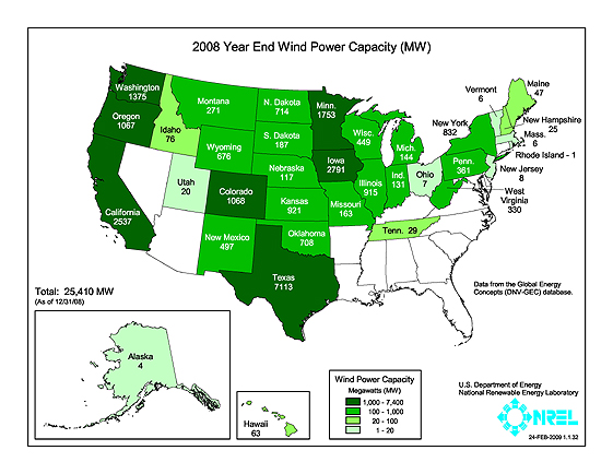 This map shows the installed wind capacity in megawatts.  As of December 31, 2008, 25,410 MW have been installed. Alaska, 4 MW; Hawaii, 63 MW; Washington, 1375 MW; Oregon, 1067 MW; California, 2537 MW; Idaho, 76 MW; Utah, 20 MW; Montana, 271 MW; Wyoming, 676 MW; Colorado, 1068 MW; New Mexico, 497 MW; North Dakota, 714 MW; South Dakota, 187 MW; Nebraska, 117 MW; Kansas, 921 MW; Oklahoma, 708 MW; Texas, 7113 MW; Minnesota, 1753 MW; Iowa, 2791 MW; Missouri, 163 MW; Wisconsin, 449 MW; Illinois, 915 MW; Tennessee, 29 MW; Michigan, 144 MW; Indiana, 131 MW; Ohio, 7 MW; West Virginia, 330 MW; Pennsylvania, 361 MW; New Jersey, 8 MW; New York, 832 MW; Vermont, 6 MW; New Hampshire, 25 MW; Massachusetts, 6 MW; Rhode Island, 1 MW; Maine, 47 MW.