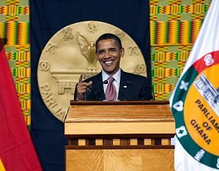 U.S. President Barack Obama speaks to the Ghanaian Parliament from a podium